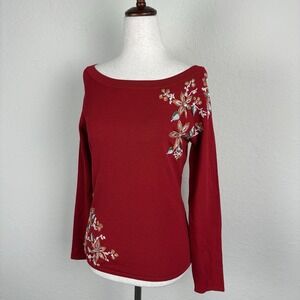Y2k Escio Size S Sweater Embroidered Floral Red Boat Neck Fairy Core Anthro